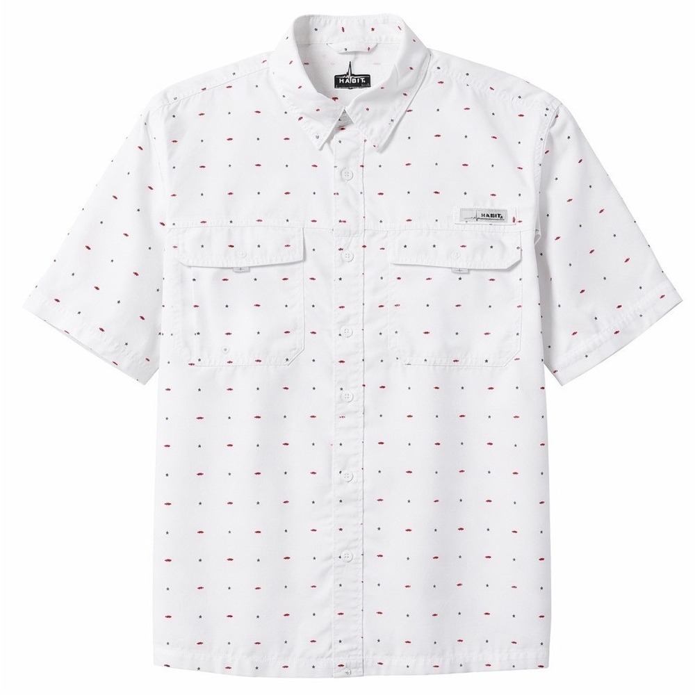 Habit Mens Short Sleeve‎ Fishing Shirt White Red Fish Blue Star Print Size Large